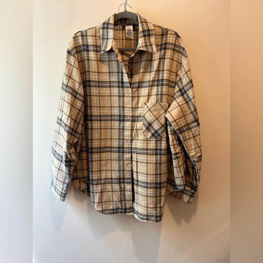 Sans Souci Beige and Black Plaid Casual Button Down Shirt